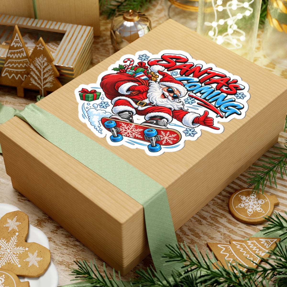 Santa's Coming Skateboard Santa Sticker | Christmas Kiss-Cut Sticker