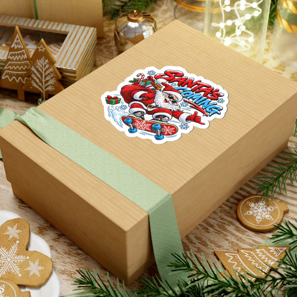 Santa's Coming Skateboard Santa Sticker | Christmas Kiss-Cut Sticker