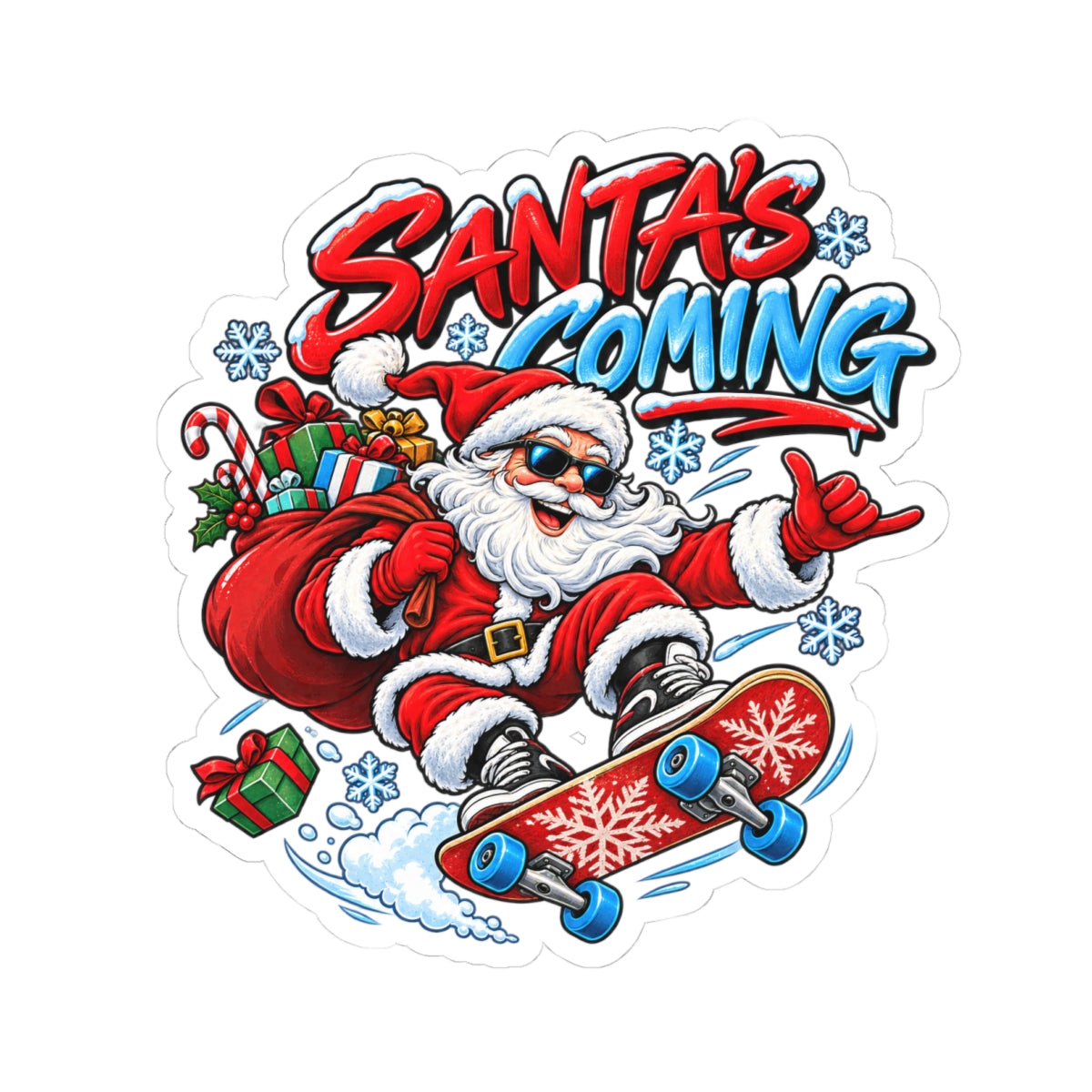 Santa's Coming Skateboard Santa Sticker | Christmas Kiss-Cut Sticker