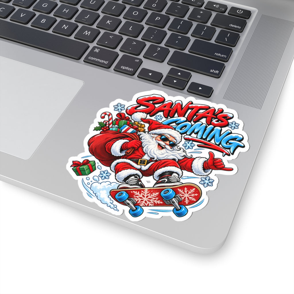 Santa's Coming Skateboard Santa Sticker | Christmas Kiss-Cut Sticker