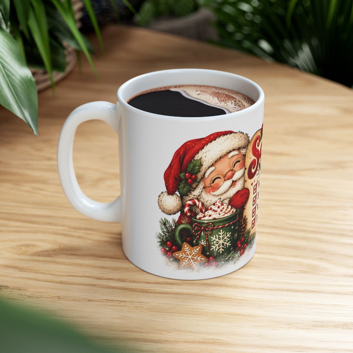 Santa's Nice List ceramic mug | Christmas Santa checklist design, cat and cookies
