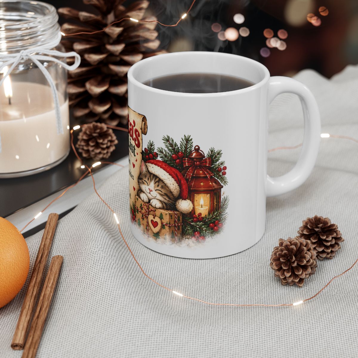 Santa's Nice List ceramic mug | Christmas Santa checklist design, cat and cookies
