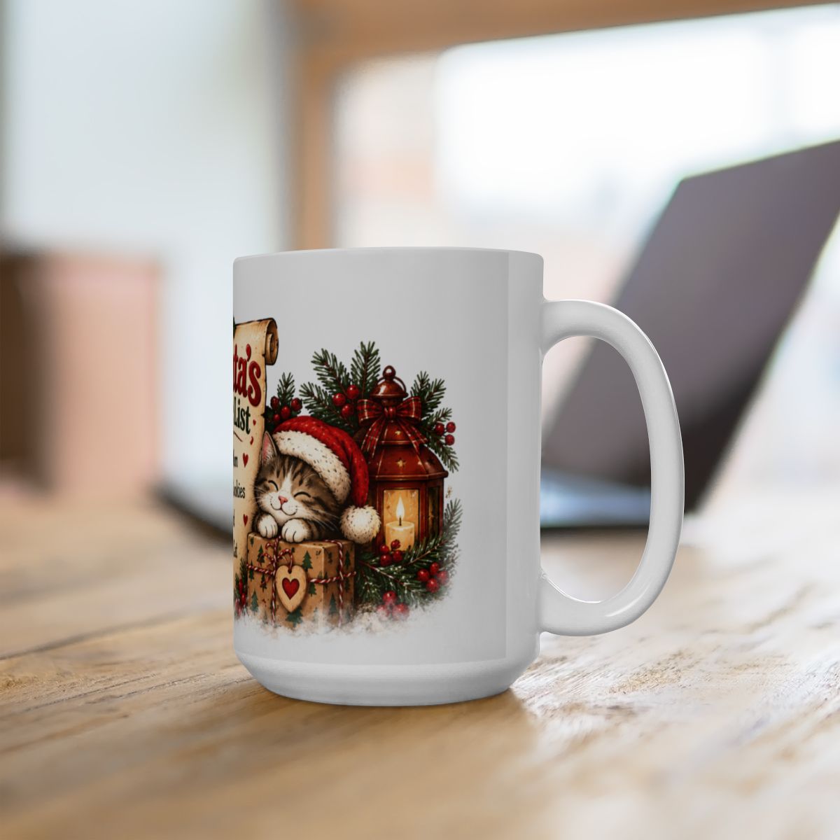 Santa's Nice List ceramic mug | Christmas Santa checklist design, cat and cookies