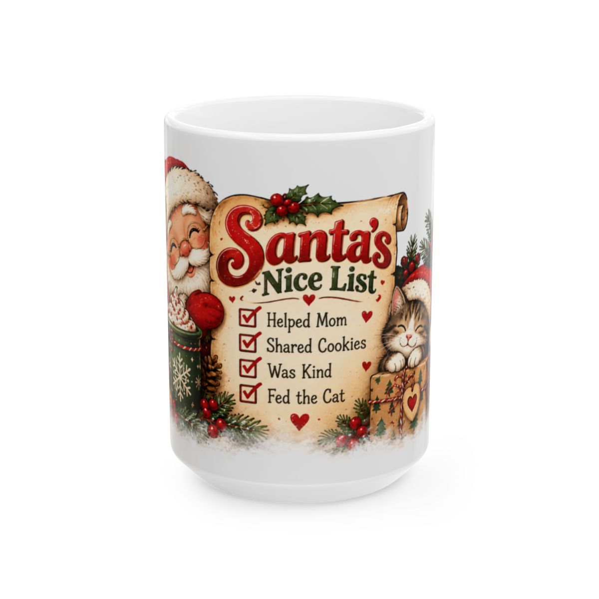 Santa's Nice List ceramic mug | Christmas Santa checklist design, cat and cookies