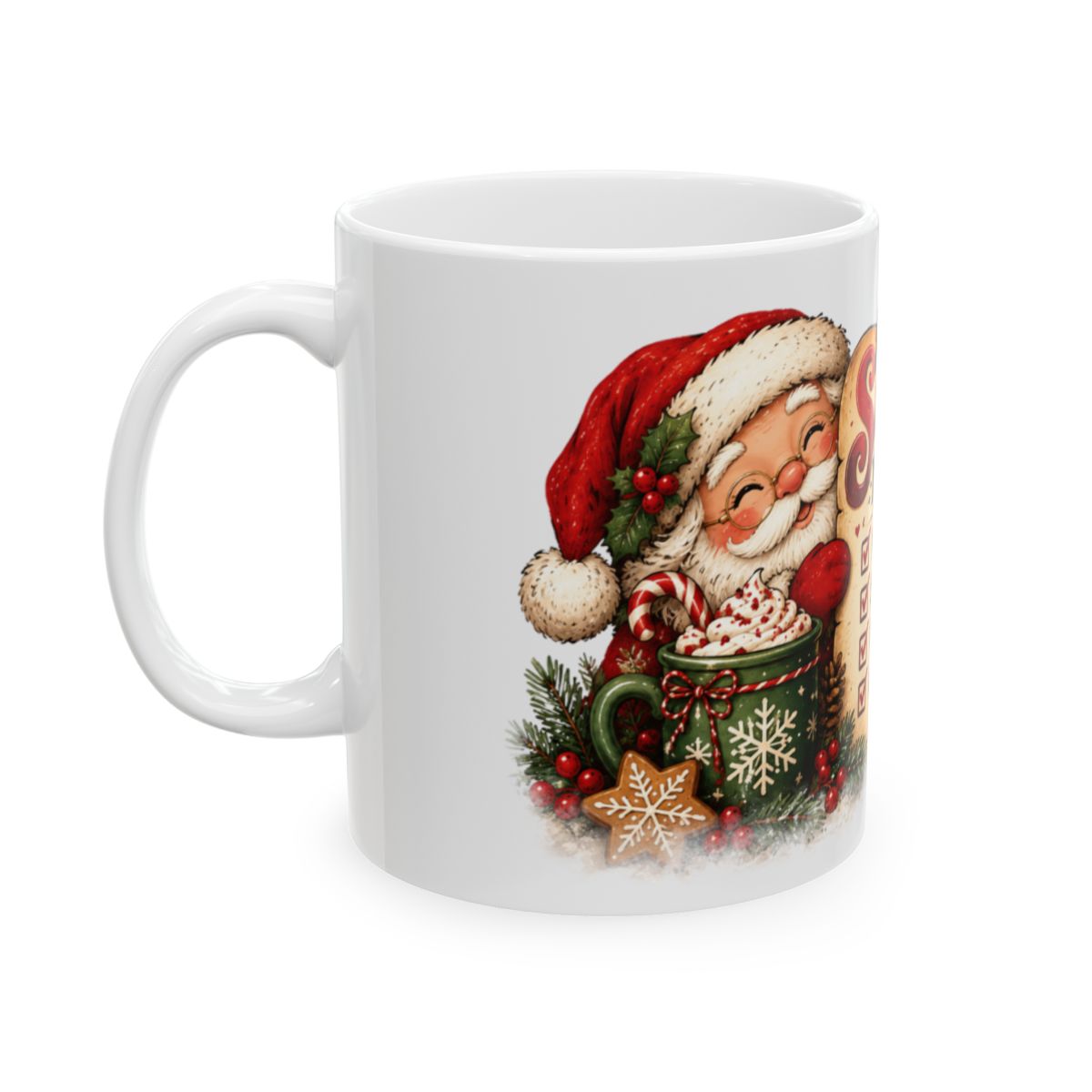 Santa's Nice List ceramic mug | Christmas Santa checklist design, cat and cookies
