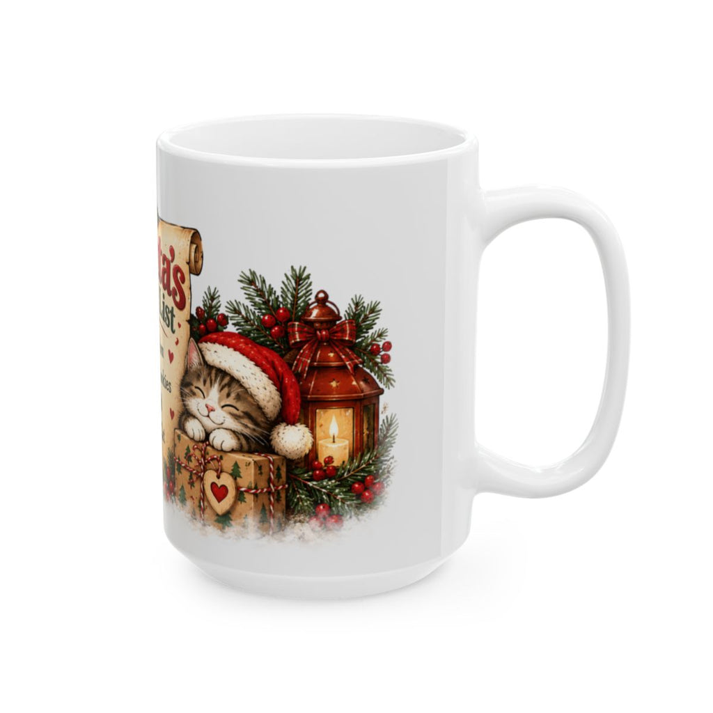 Santa's Nice List ceramic mug | Christmas Santa checklist design, cat and cookies