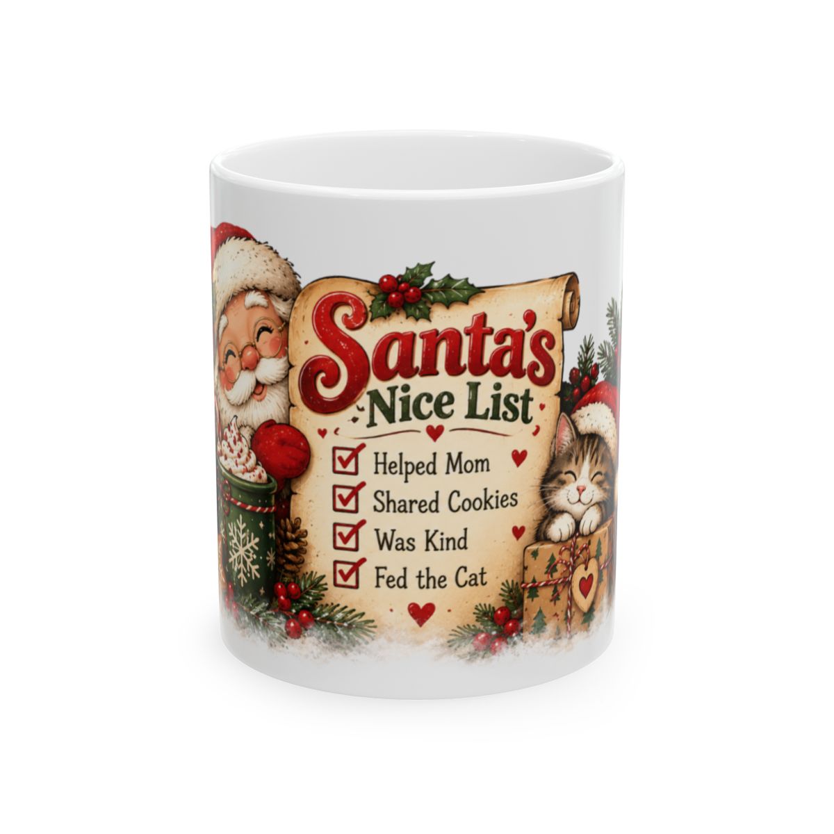 Santa's Nice List ceramic mug | Christmas Santa checklist design, cat and cookies