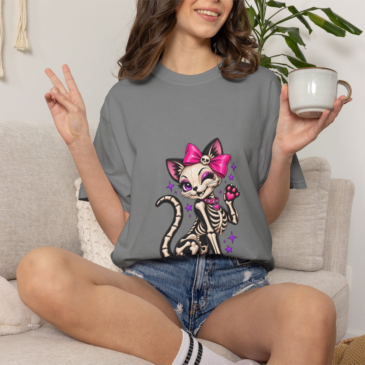 Skeleton Cat with Pink Bow T-shirt | Cute Spooky Kitty Illustration