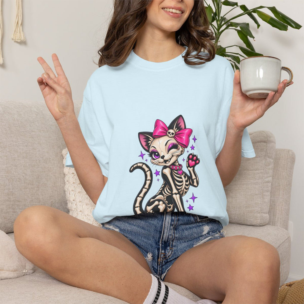 Skeleton Cat with Pink Bow T-shirt | Cute Spooky Kitty Illustration