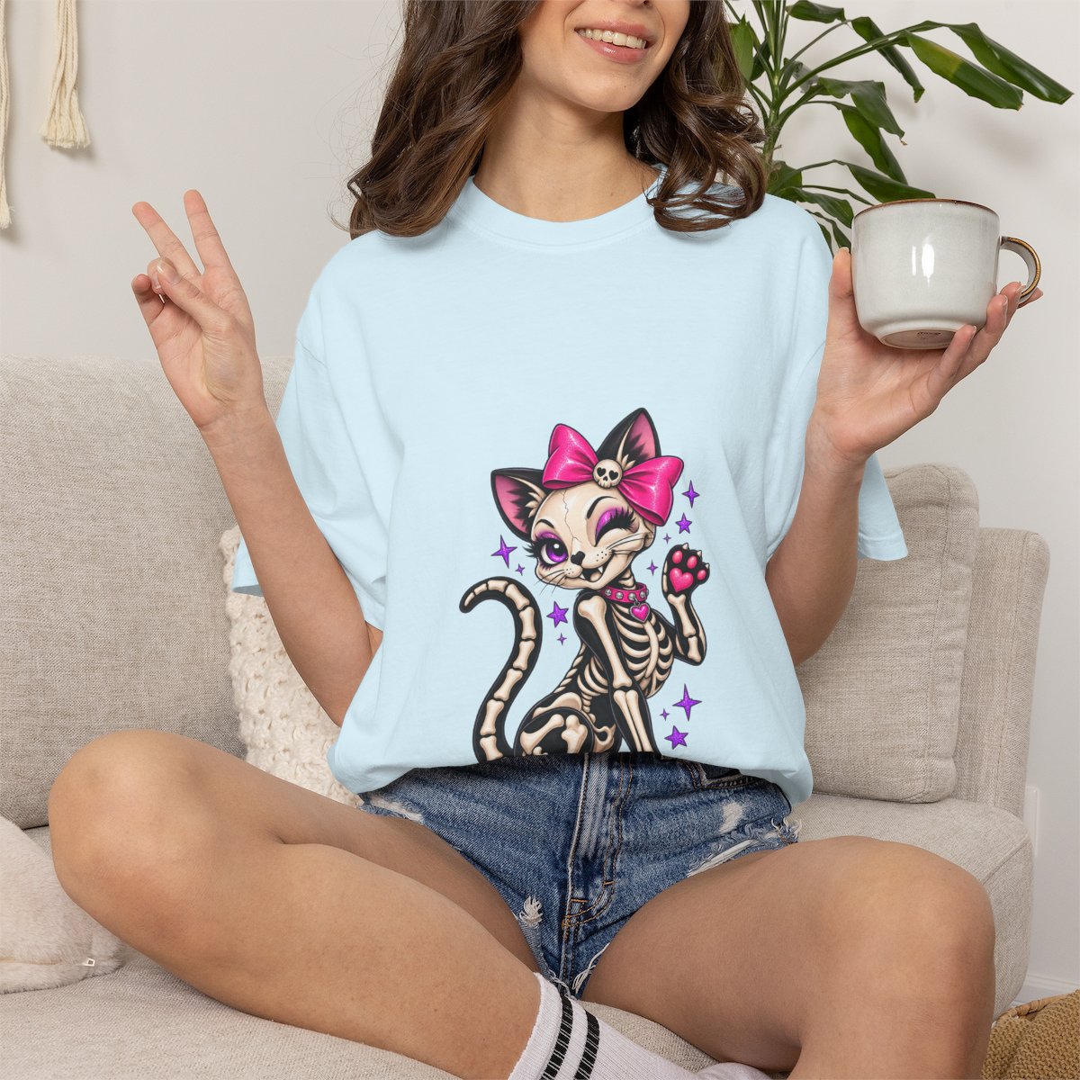 Skeleton Cat with Pink Bow T-shirt | Cute Spooky Kitty Illustration