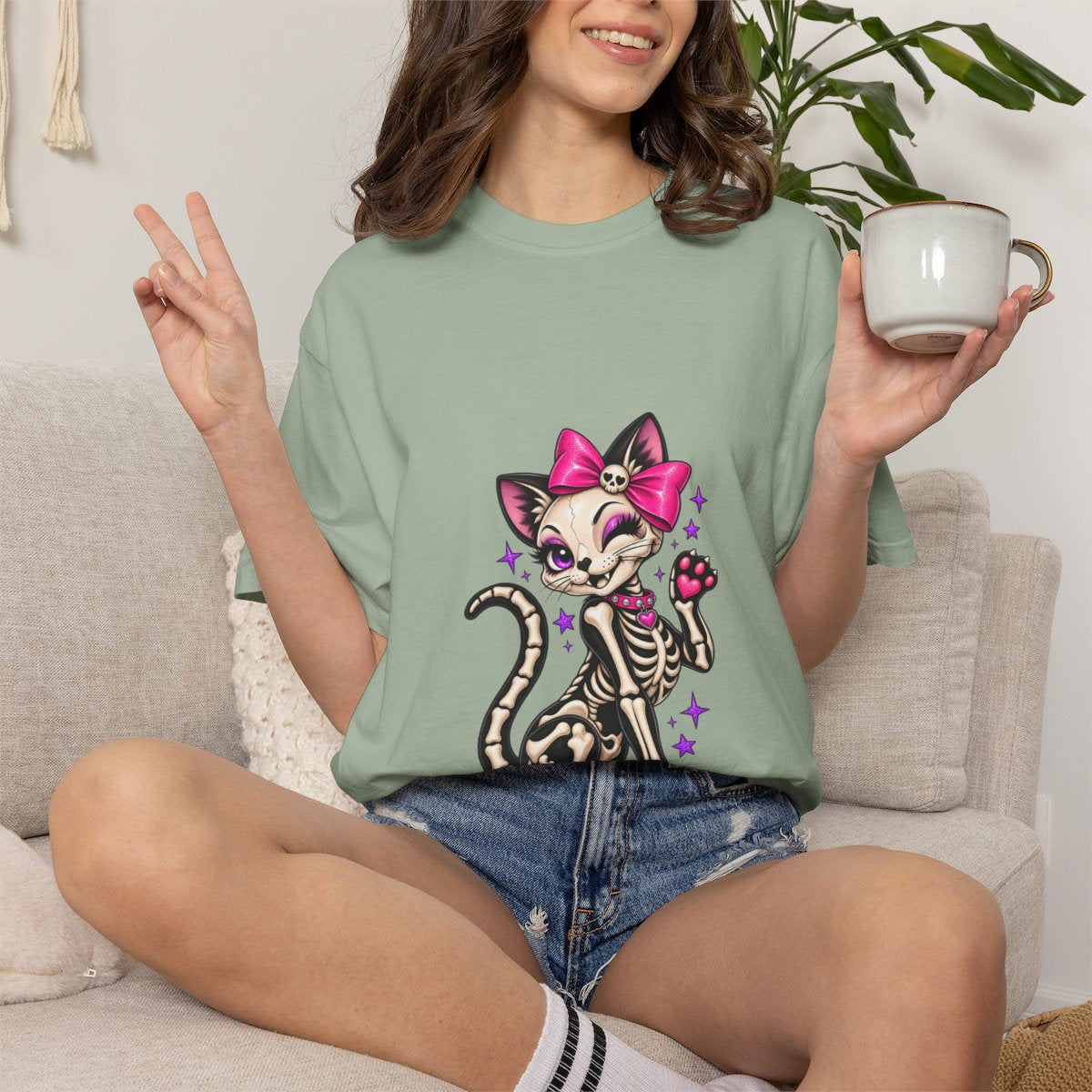 Skeleton Cat with Pink Bow T-shirt | Cute Spooky Kitty Illustration