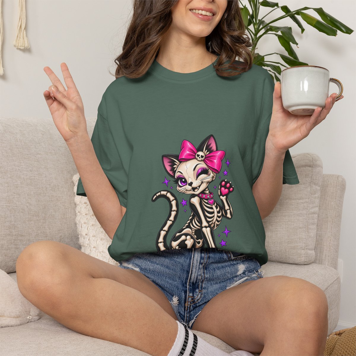 Skeleton Cat with Pink Bow T-shirt | Cute Spooky Kitty Illustration
