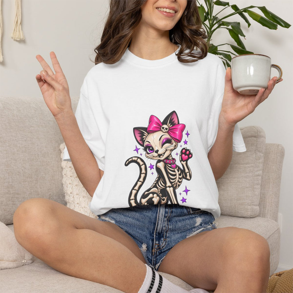 Skeleton Cat with Pink Bow T-shirt | Cute Spooky Kitty Illustration