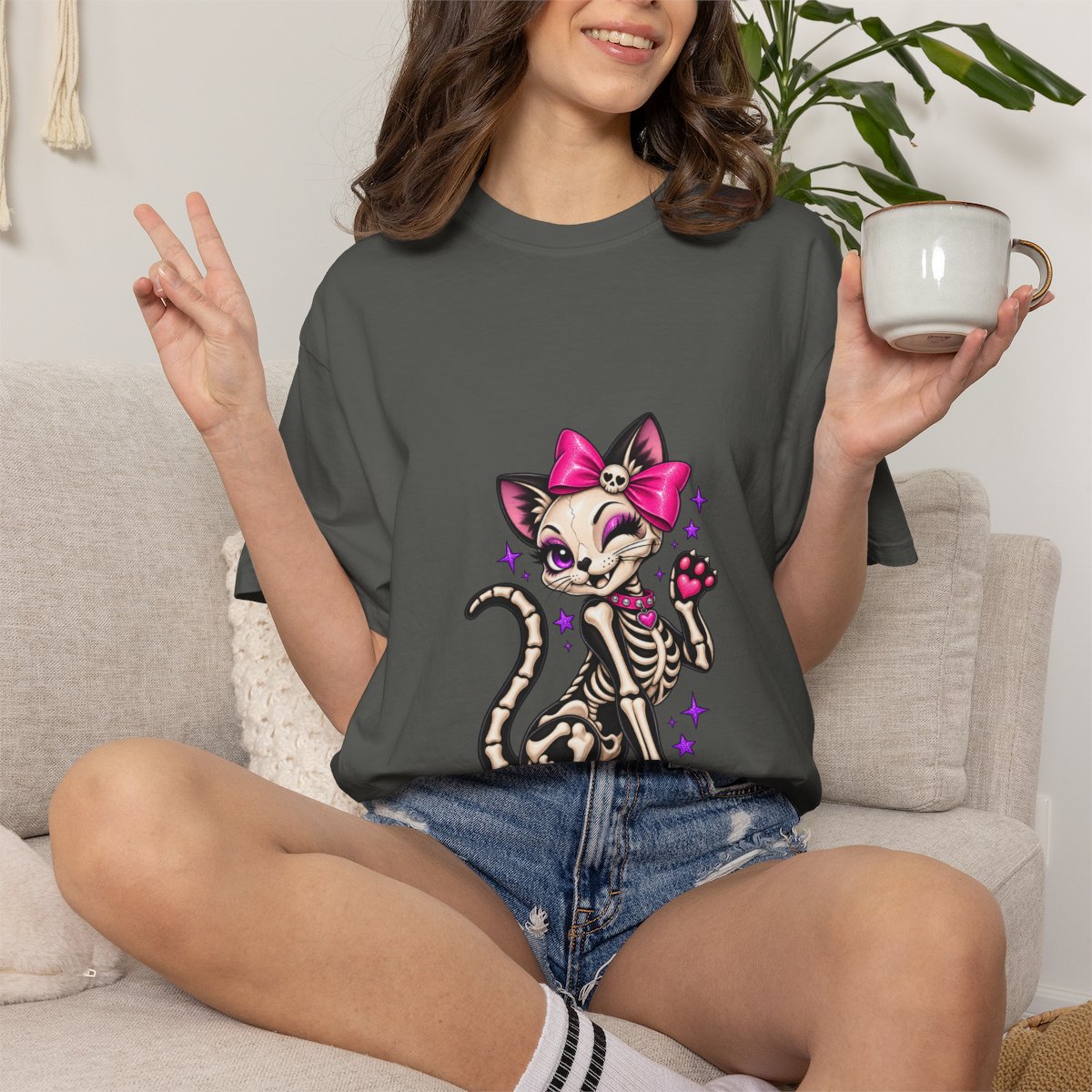 Skeleton Cat with Pink Bow T-shirt | Cute Spooky Kitty Illustration