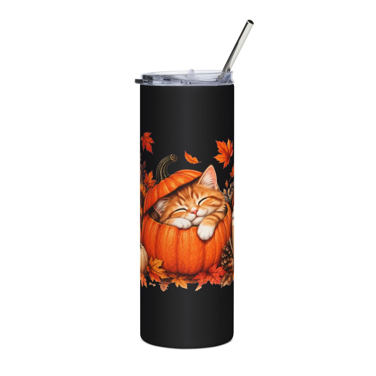 Sleeping Cat in Pumpkin Tumbler | 20oz Stainless Steel, Fall Pumpkin Lantern Design