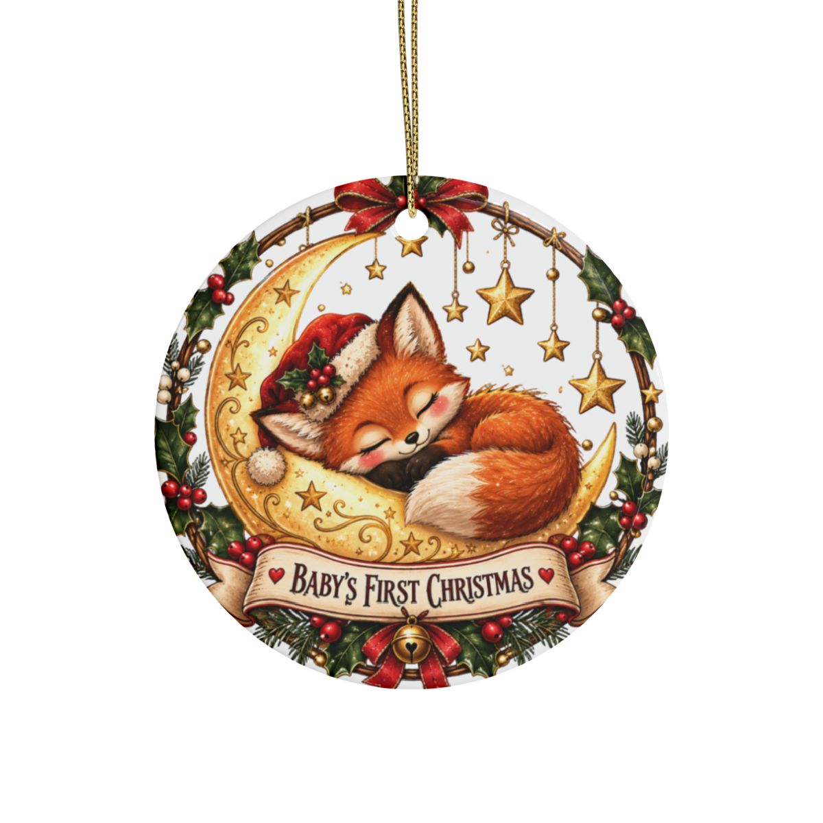 Sleeping Fox Baby's First Christmas Ornament | Crescent Moon Ceramic Keepsake, New Baby Holiday Ornament Gift
