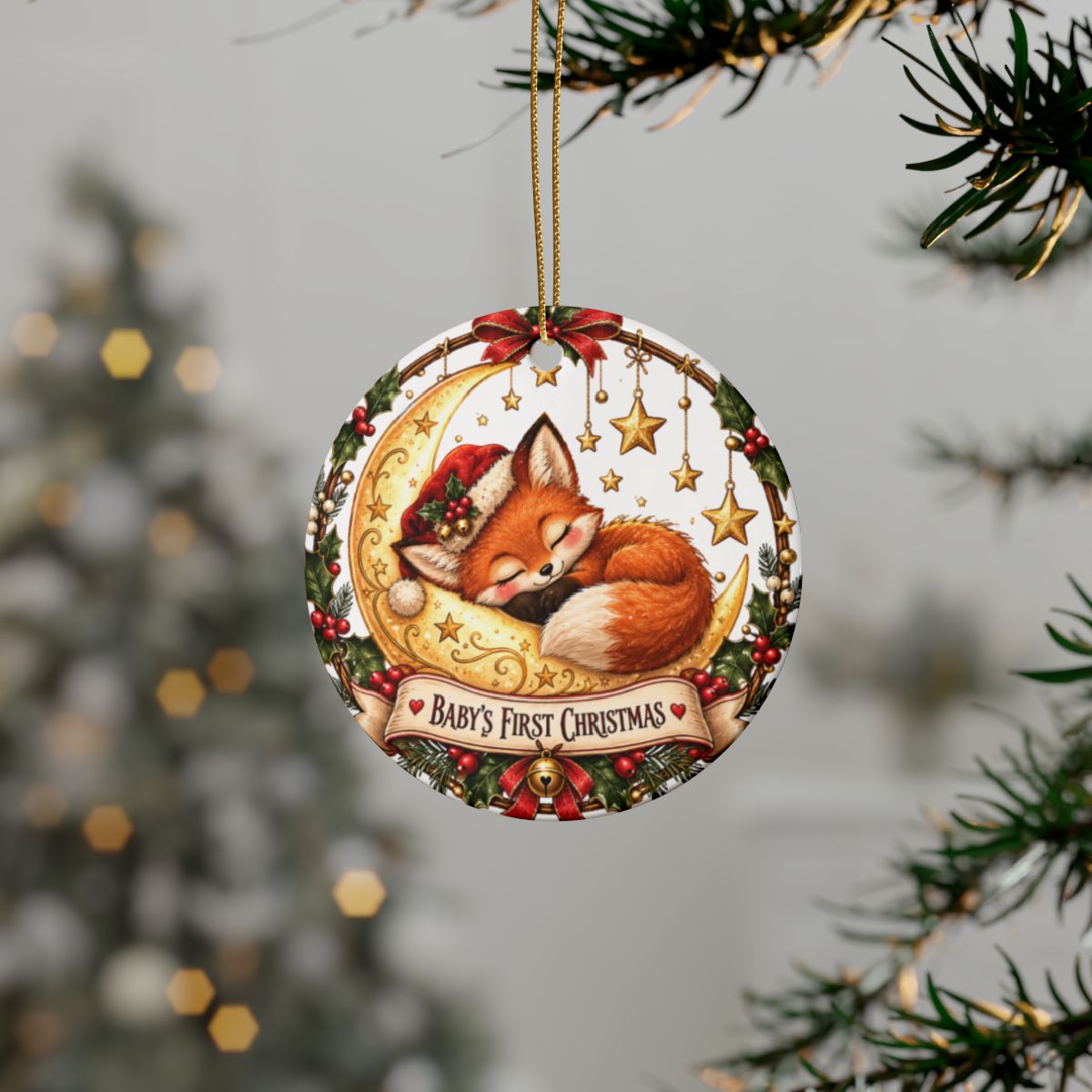 Sleeping Fox Baby's First Christmas Ornament | Crescent Moon Ceramic Keepsake, New Baby Holiday Ornament Gift