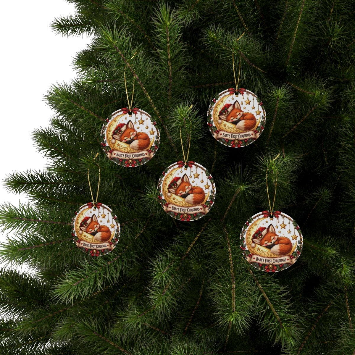 Sleeping Fox Baby's First Christmas Ornament | Crescent Moon Ceramic Keepsake, New Baby Holiday Ornament Gift