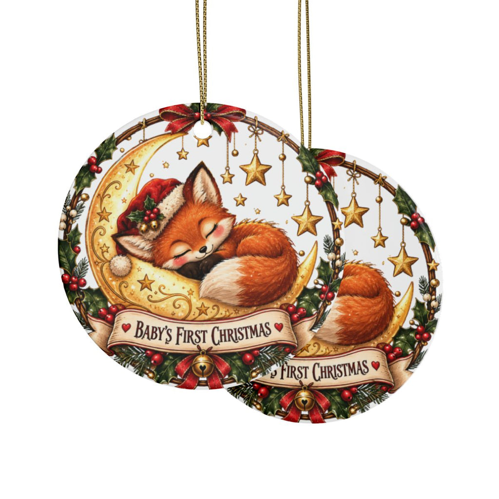 Sleeping Fox Baby's First Christmas Ornament | Crescent Moon Ceramic Keepsake, New Baby Holiday Ornament Gift