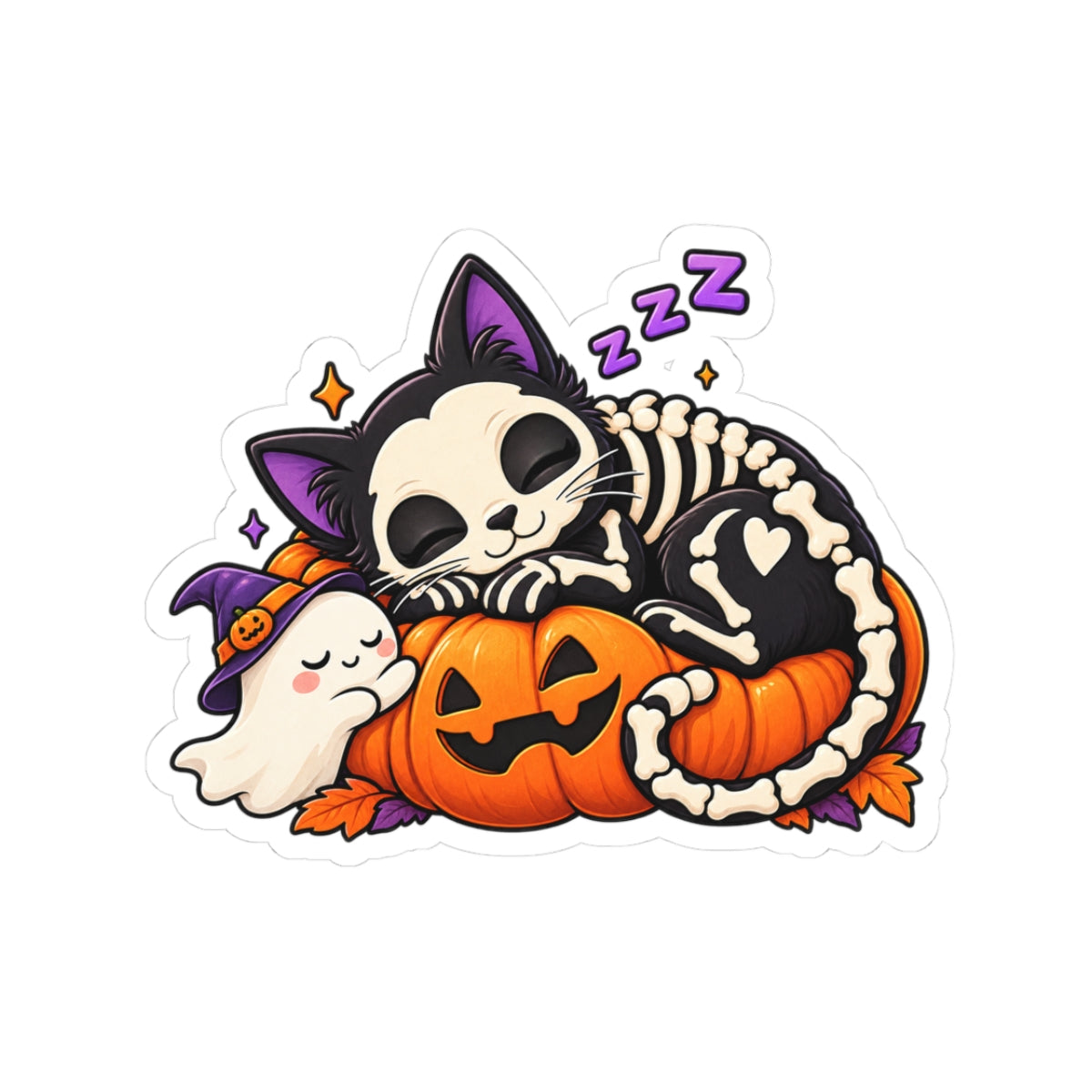 Sleeping Skeleton Cat sticker | Halloween pumpkin ghost kiss-cut sticker