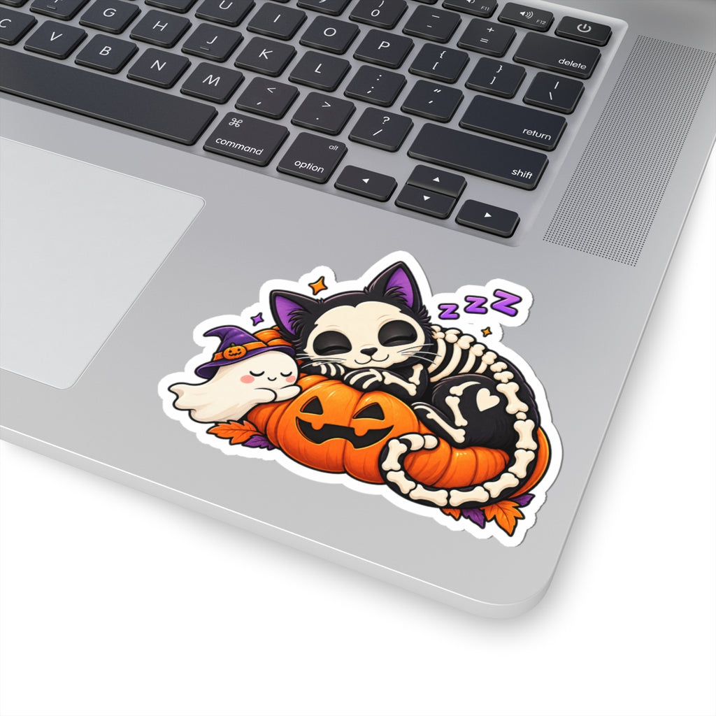 Sleeping Skeleton Cat sticker | Halloween pumpkin ghost kiss-cut sticker