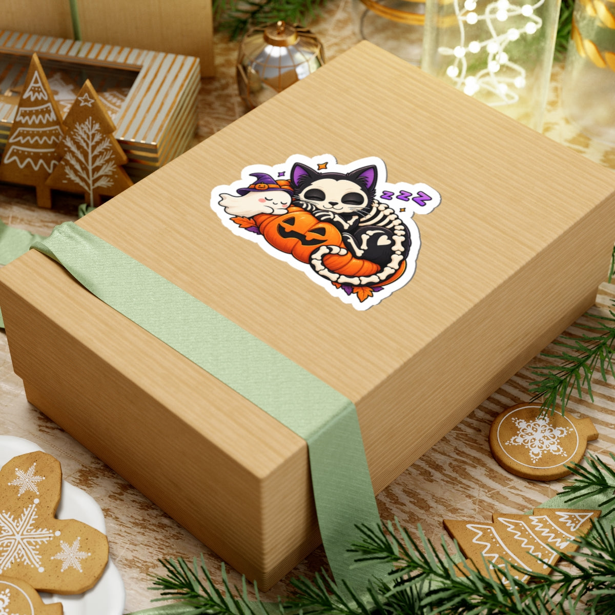 Sleeping Skeleton Cat sticker | Halloween pumpkin ghost kiss-cut sticker