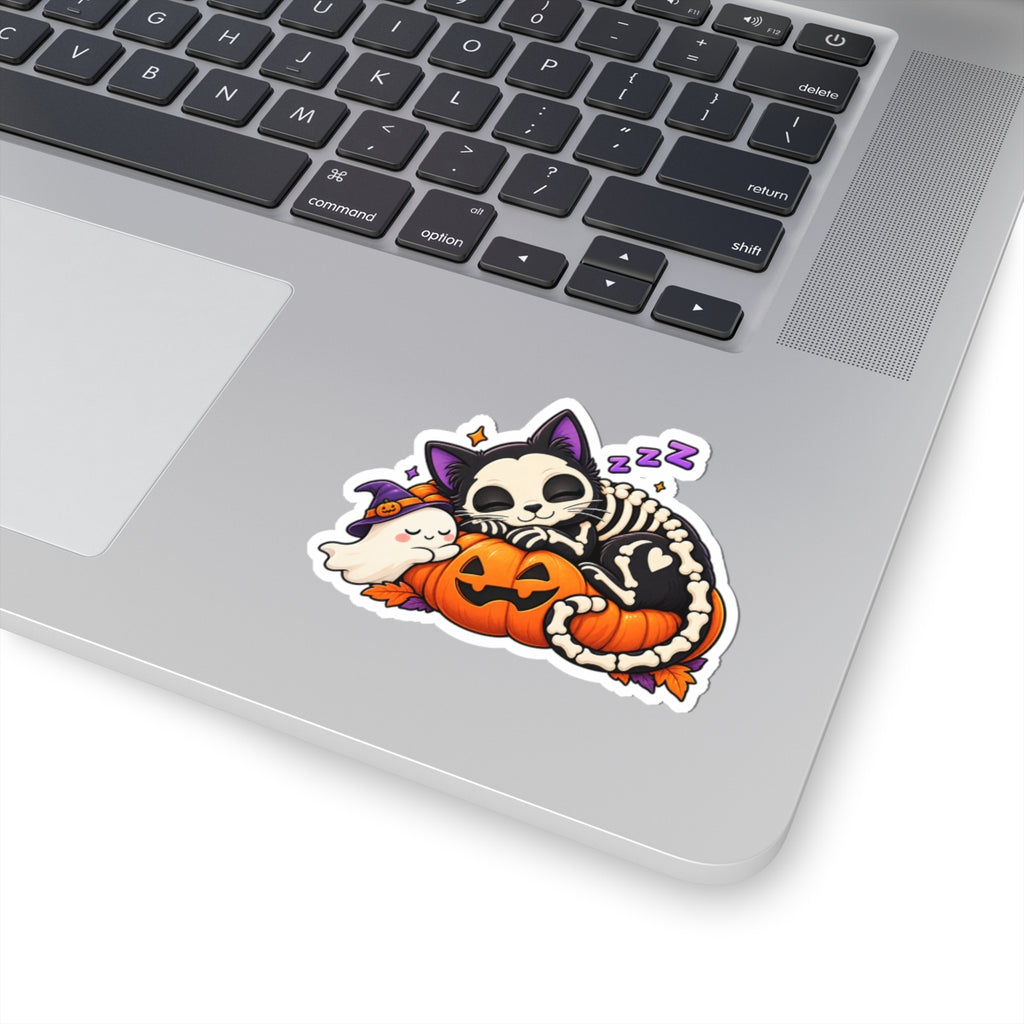 Sleeping Skeleton Cat sticker | Halloween pumpkin ghost kiss-cut sticker