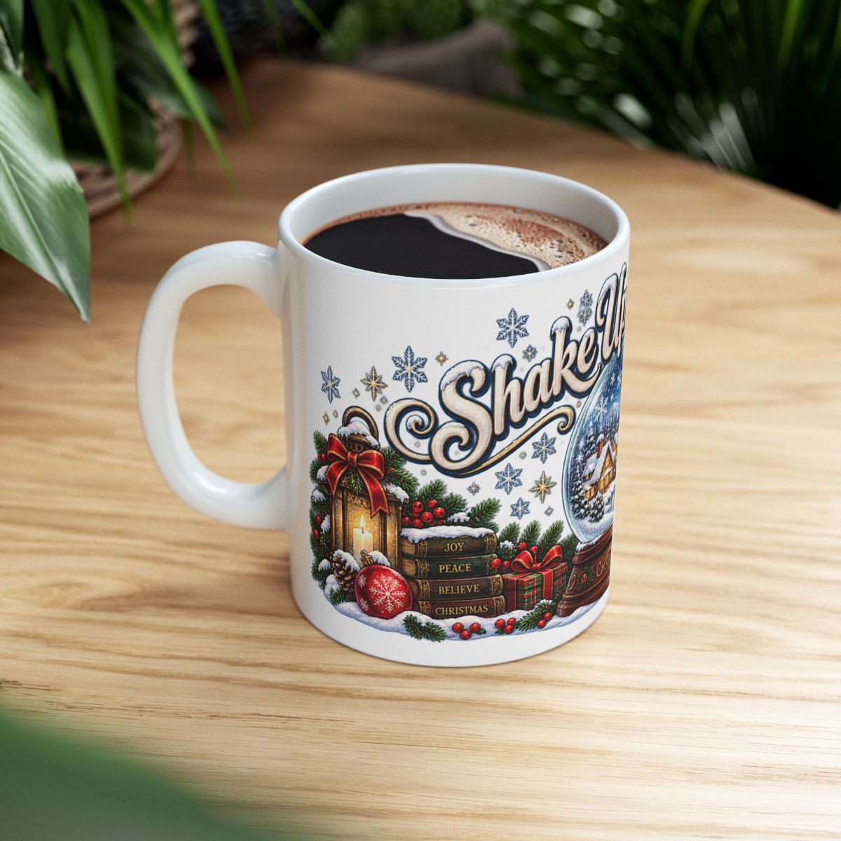 Snow Globe Village Christmas Mug | Ceramic Holiday Coffee Cup, Winter Snow Scene, Cozy Gift