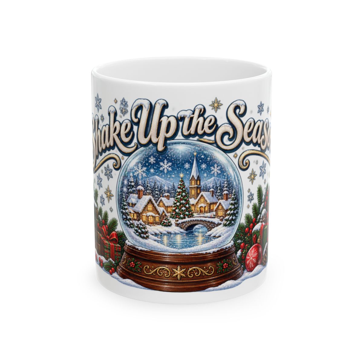 Snow Globe Village Christmas Mug | Ceramic Holiday Coffee Cup, Winter Snow Scene, Cozy Gift