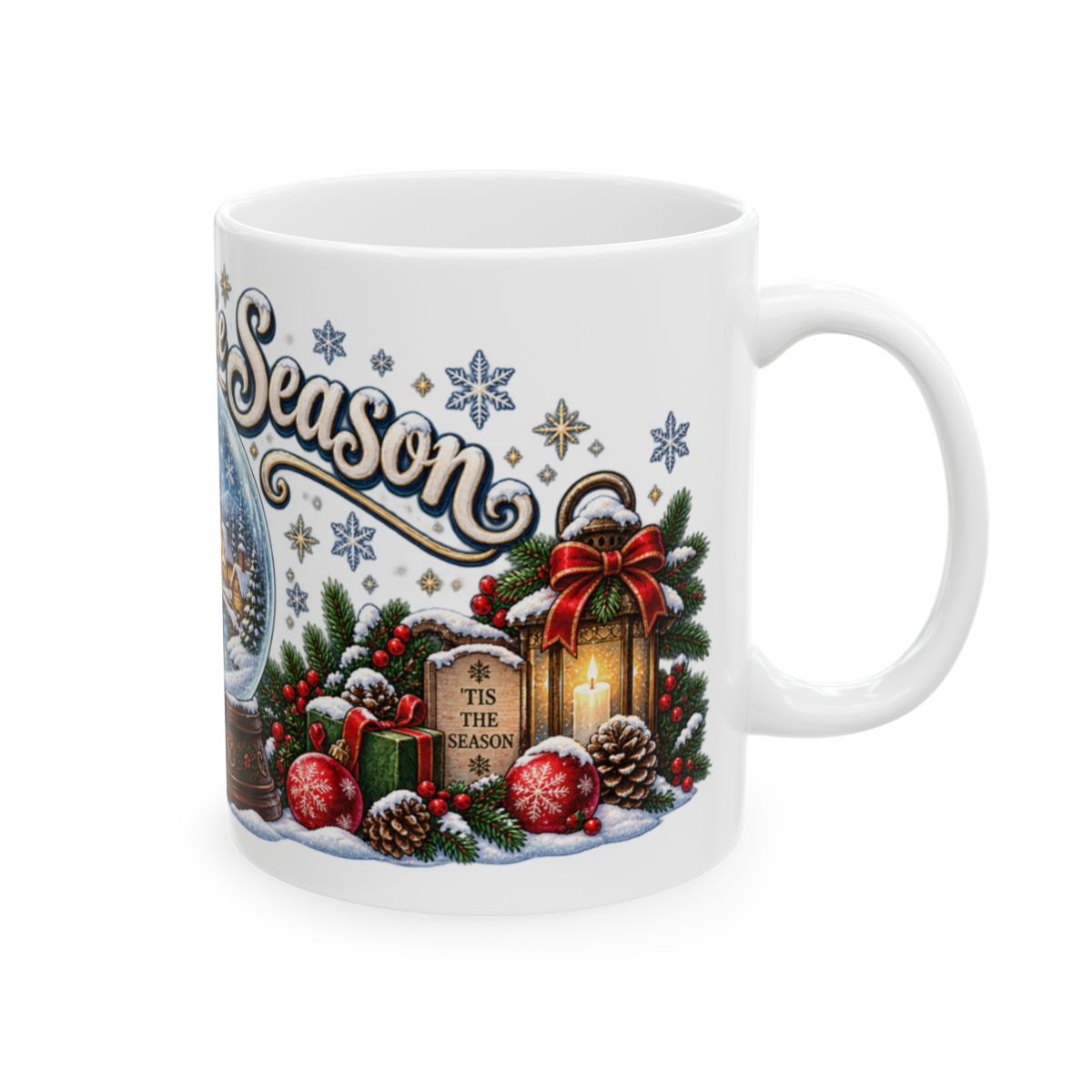 Snow Globe Village Christmas Mug | Ceramic Holiday Coffee Cup, Winter Snow Scene, Cozy Gift