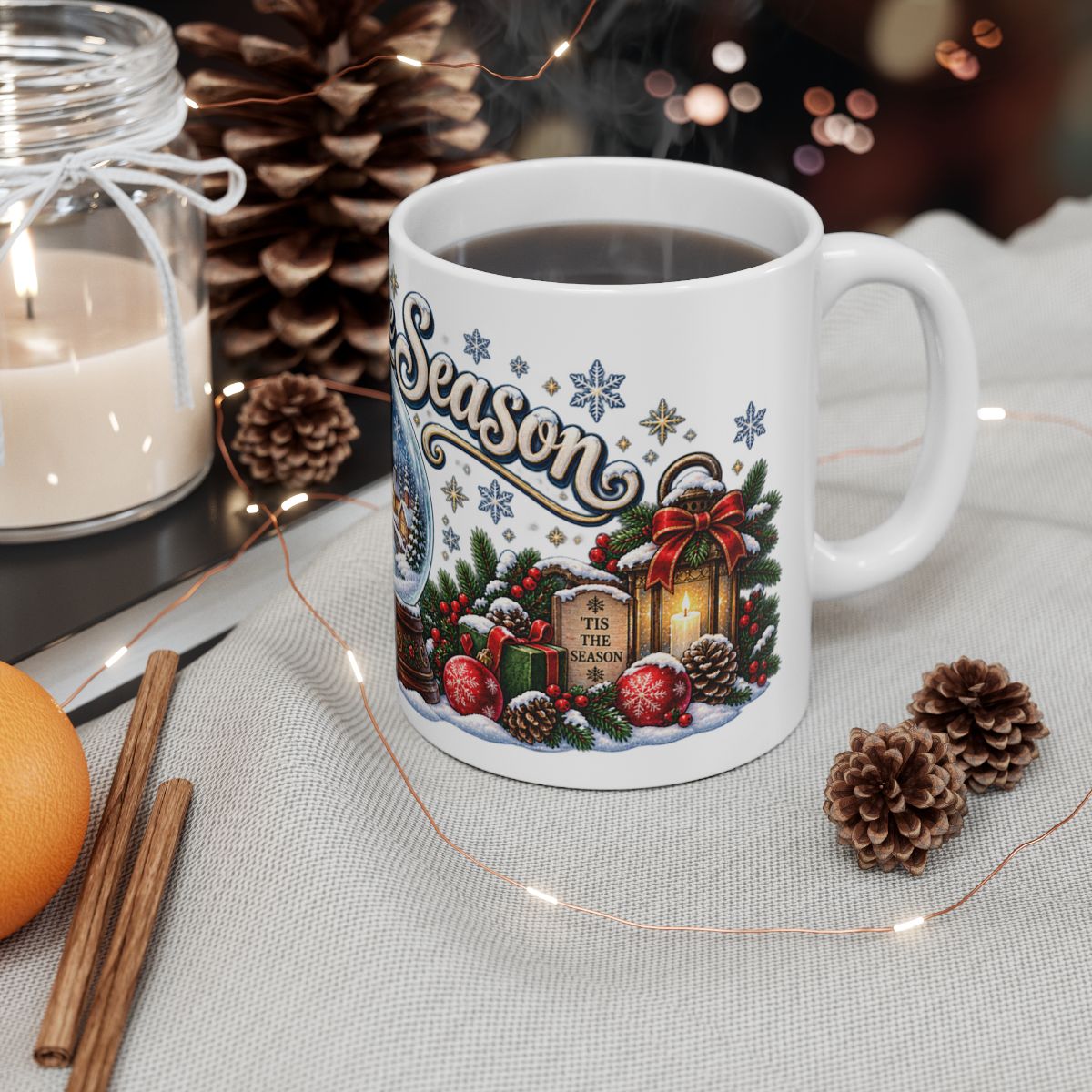 Snow Globe Village Christmas Mug | Ceramic Holiday Coffee Cup, Winter Snow Scene, Cozy Gift