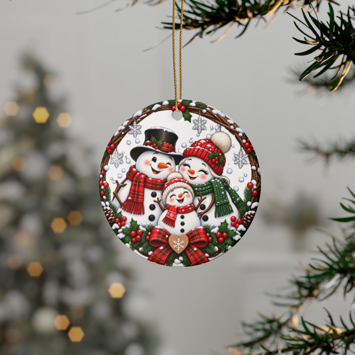 Snowman Family Heart Ceramic Ornament | Christmas Holiday Decoration