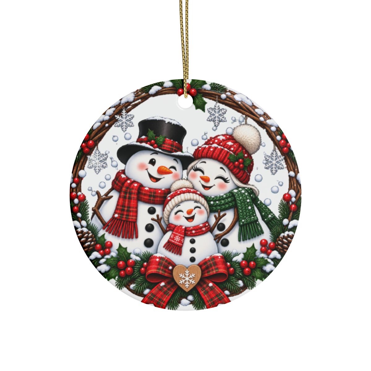 Snowman Family Heart Ceramic Ornament | Christmas Holiday Decoration