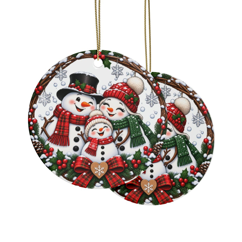 Snowman Family Heart Ceramic Ornament | Christmas Holiday Decoration
