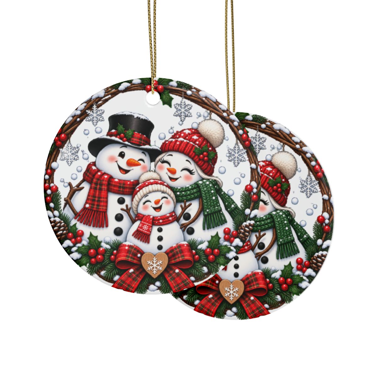 Snowman Family Heart Ceramic Ornament | Christmas Holiday Decoration