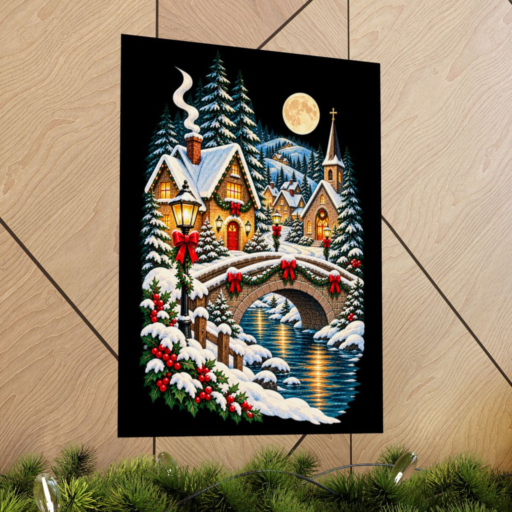 Snowy Village Bridge Christmas Poster | Matte Vertical Poster