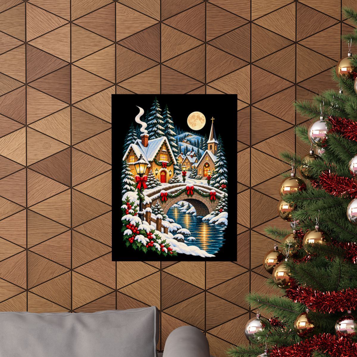 Snowy Village Bridge Christmas Poster | Matte Vertical Poster