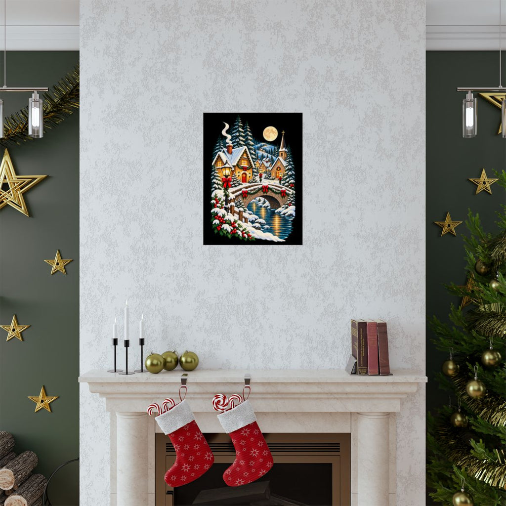 Snowy Village Bridge Christmas Poster | Matte Vertical Poster