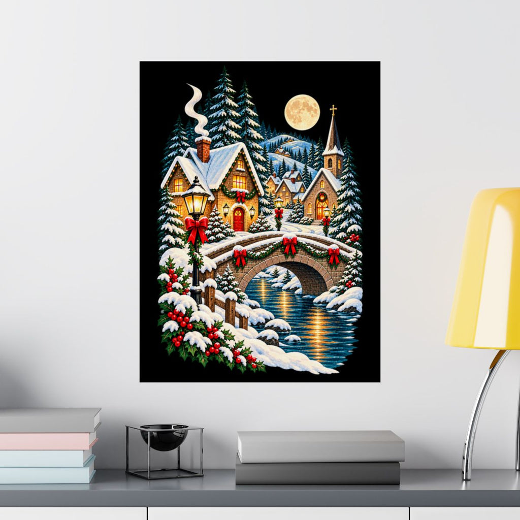 Snowy Village Bridge Christmas Poster | Matte Vertical Poster