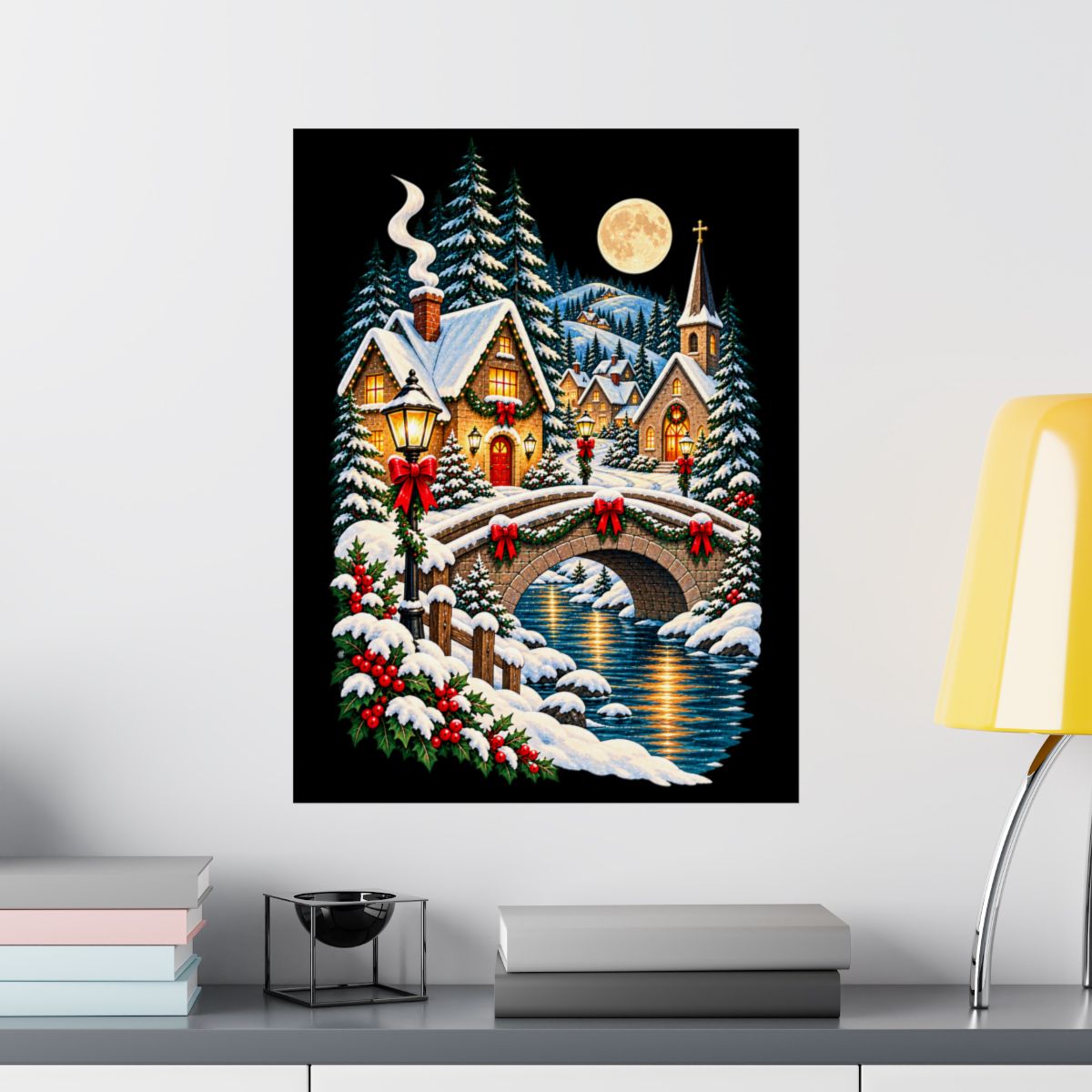 Snowy Village Bridge Christmas Poster | Matte Vertical Poster