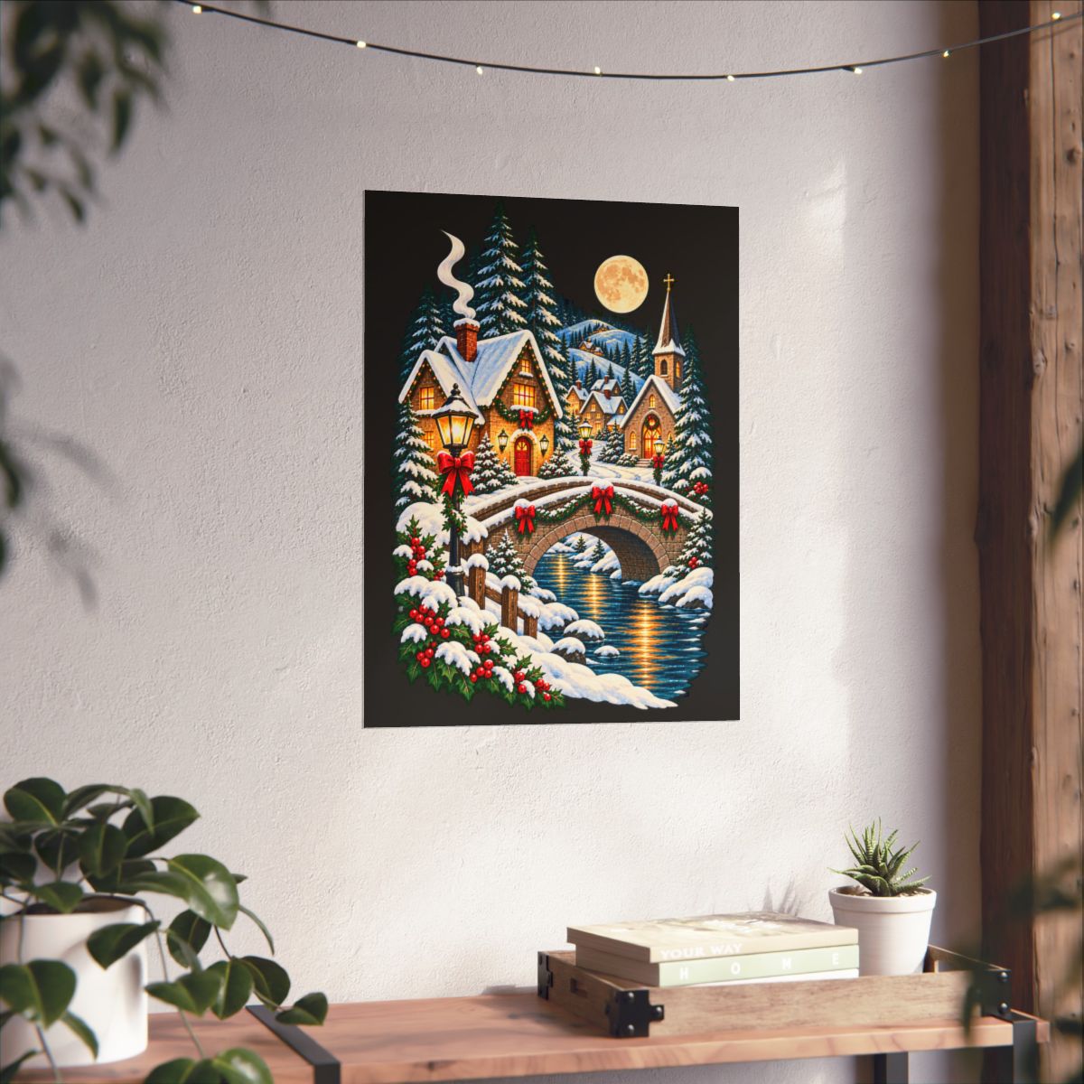 Snowy Village Bridge Christmas Poster | Matte Vertical Poster