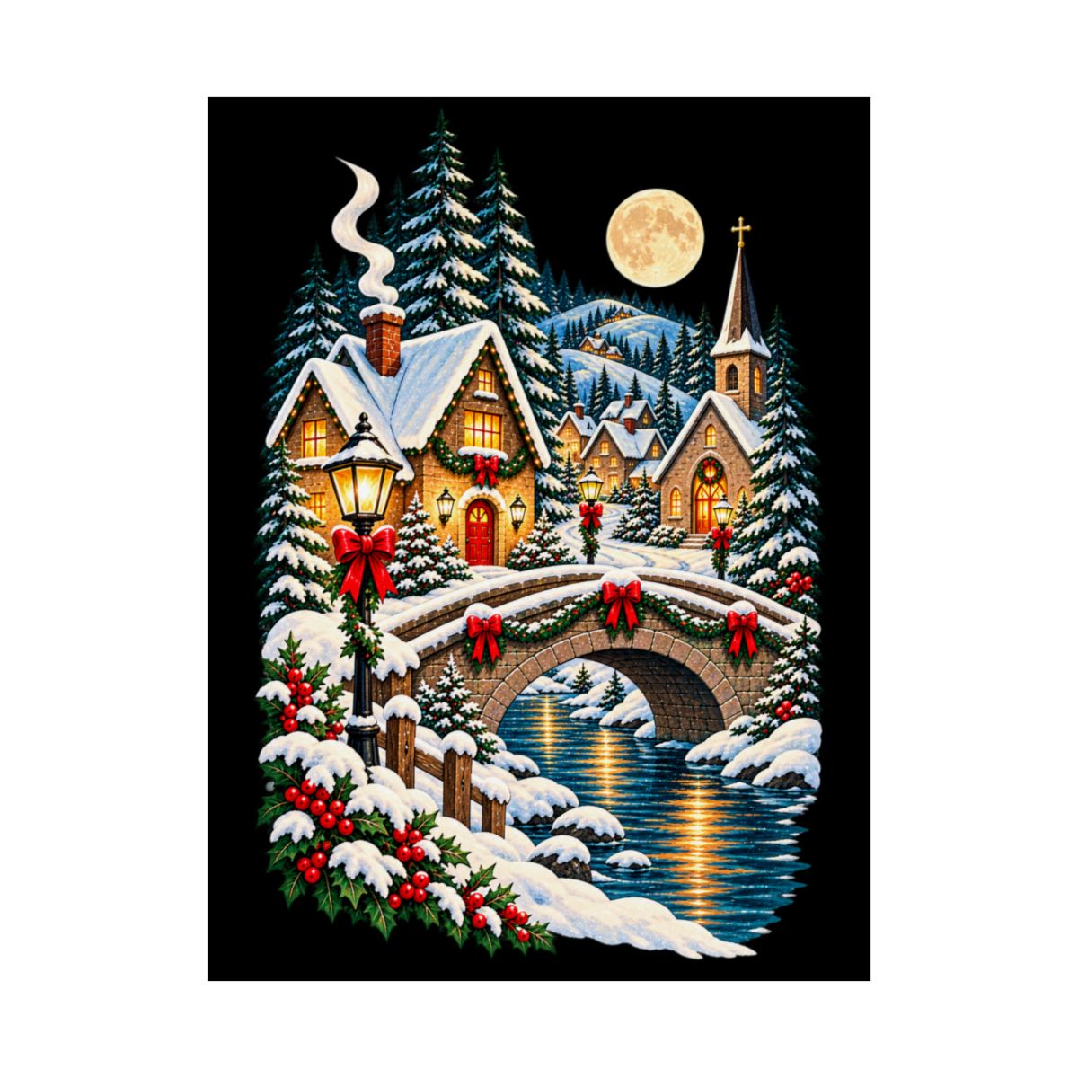 Snowy Village Bridge Christmas Poster | Matte Vertical Poster