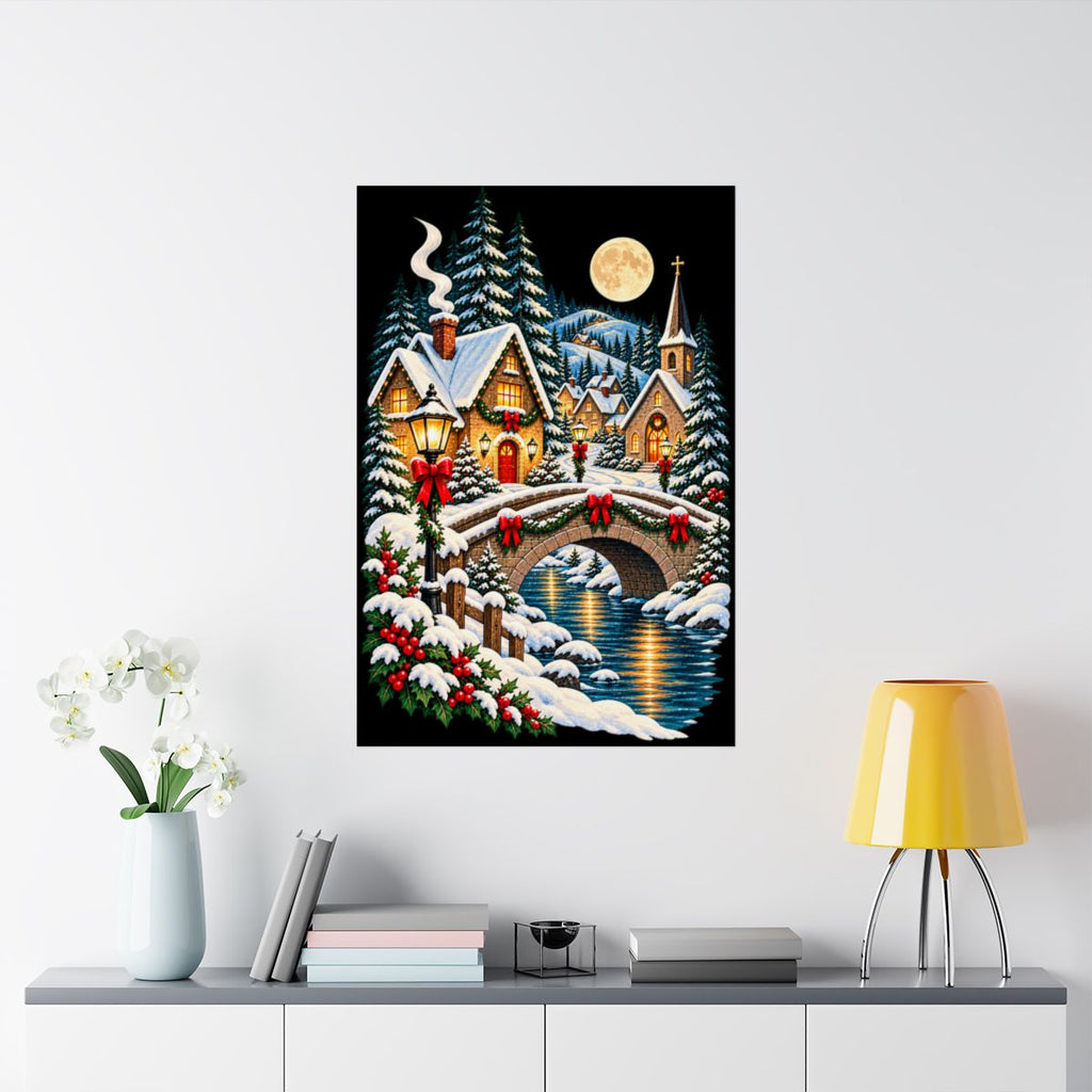 Snowy Village Bridge Poster | Christmas Winter Night Matte Vertical Poster