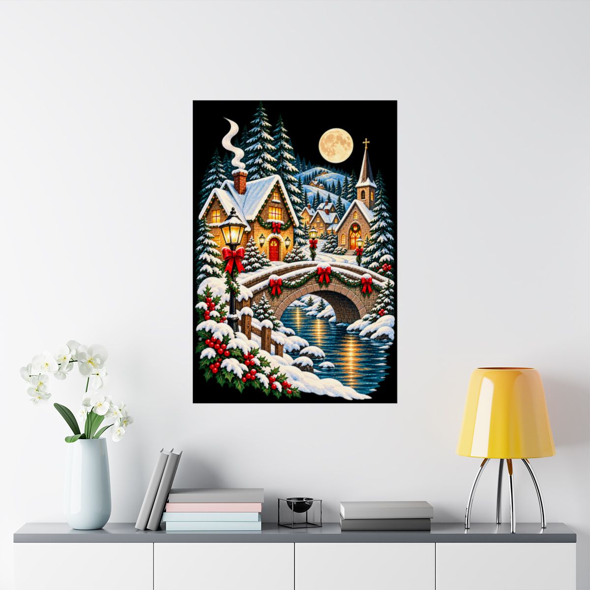 Snowy Village Bridge Poster | Christmas Winter Night Matte Vertical Poster