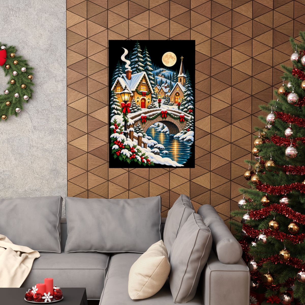 Snowy Village Bridge Poster | Christmas Winter Night Matte Vertical Poster