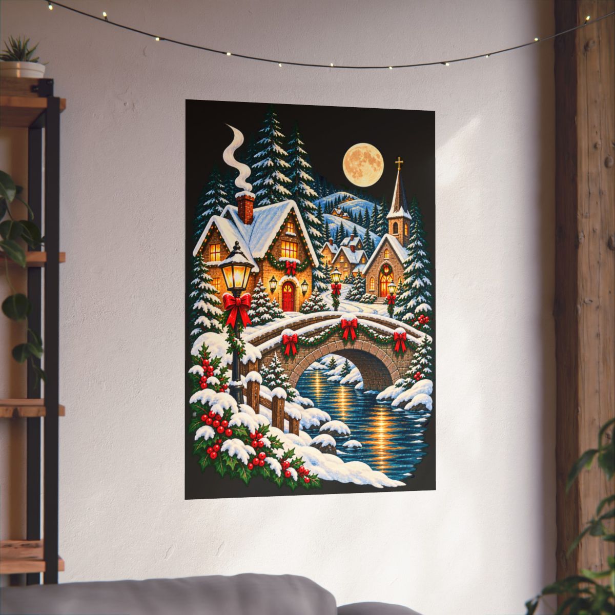 Snowy Village Bridge Poster | Christmas Winter Night Matte Vertical Poster