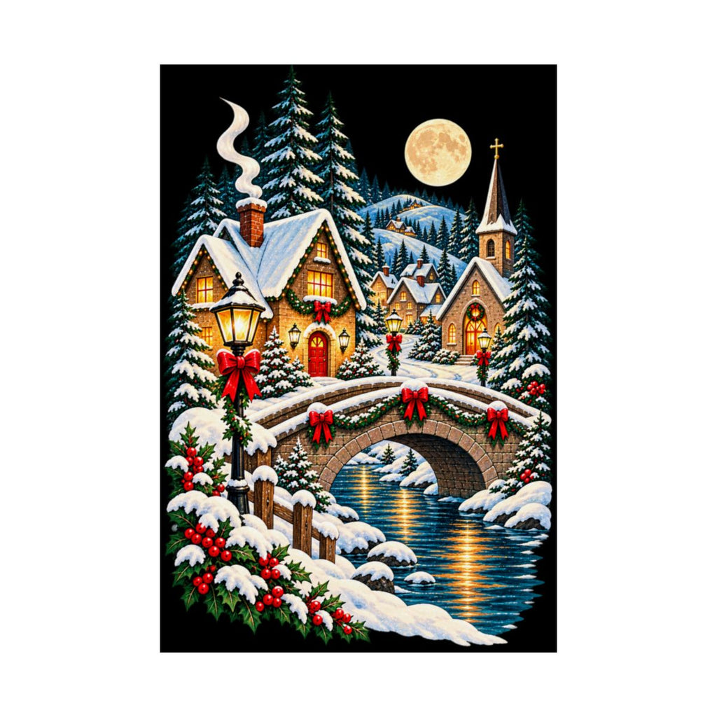 Snowy Village Bridge Poster | Christmas Winter Night Matte Vertical Poster