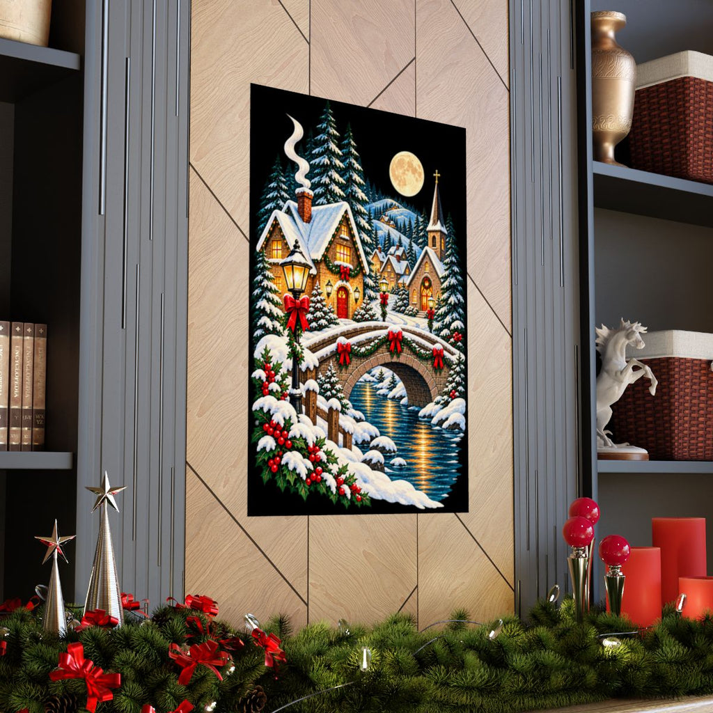 Snowy Village Bridge Poster | Christmas Winter Night Matte Vertical Poster