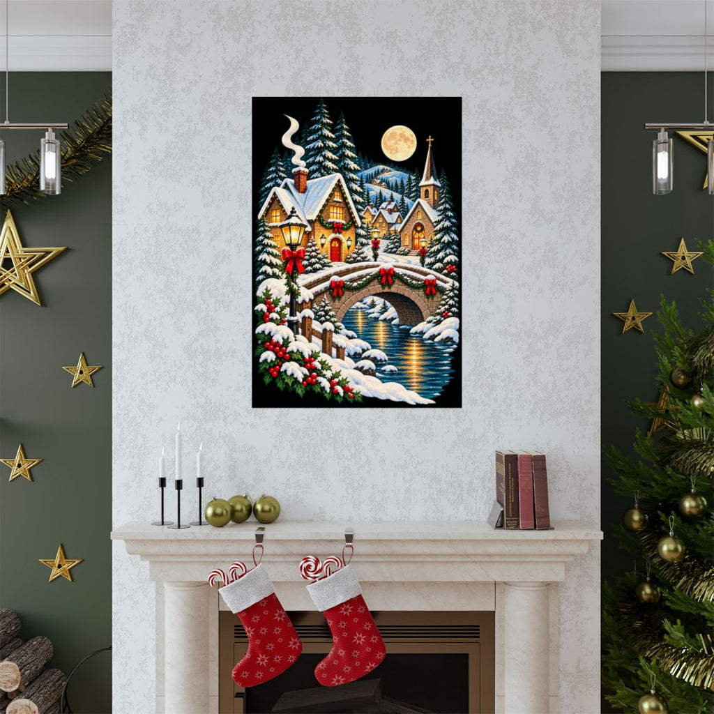 Snowy Village Bridge Poster | Christmas Winter Night Matte Vertical Poster