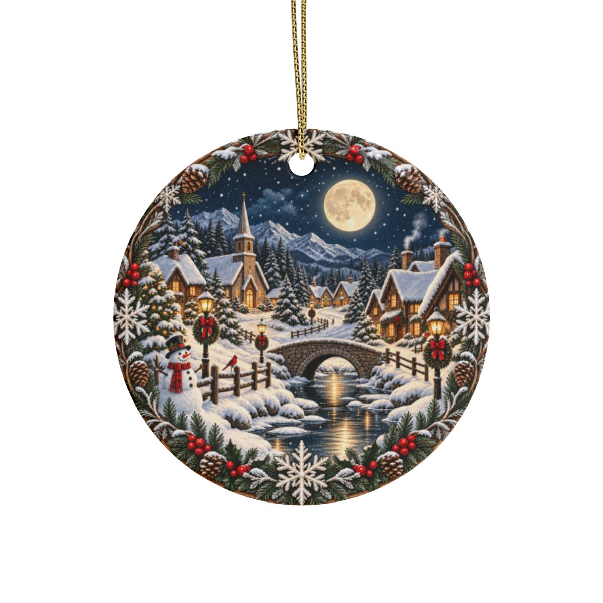 Snowy Village Moonlight Ceramic Ornament | Christmas Tree Decoration